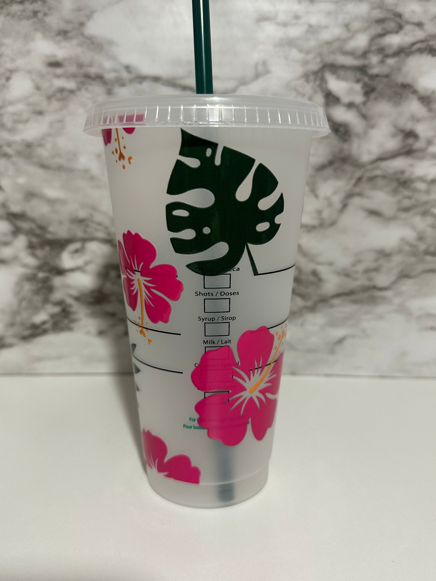 Hibiscus Floral Cup w Straw, Pink