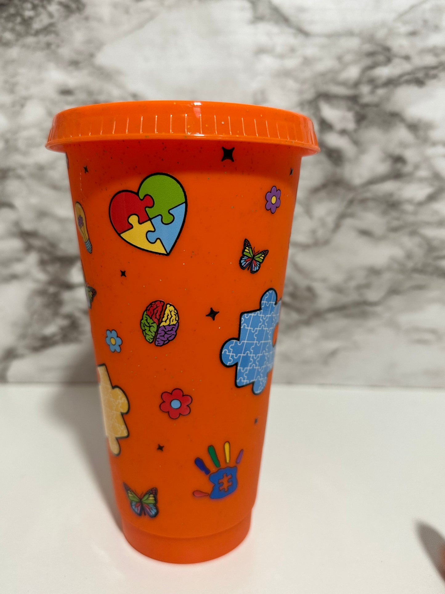 Autism Love, Orange Cup w Straw