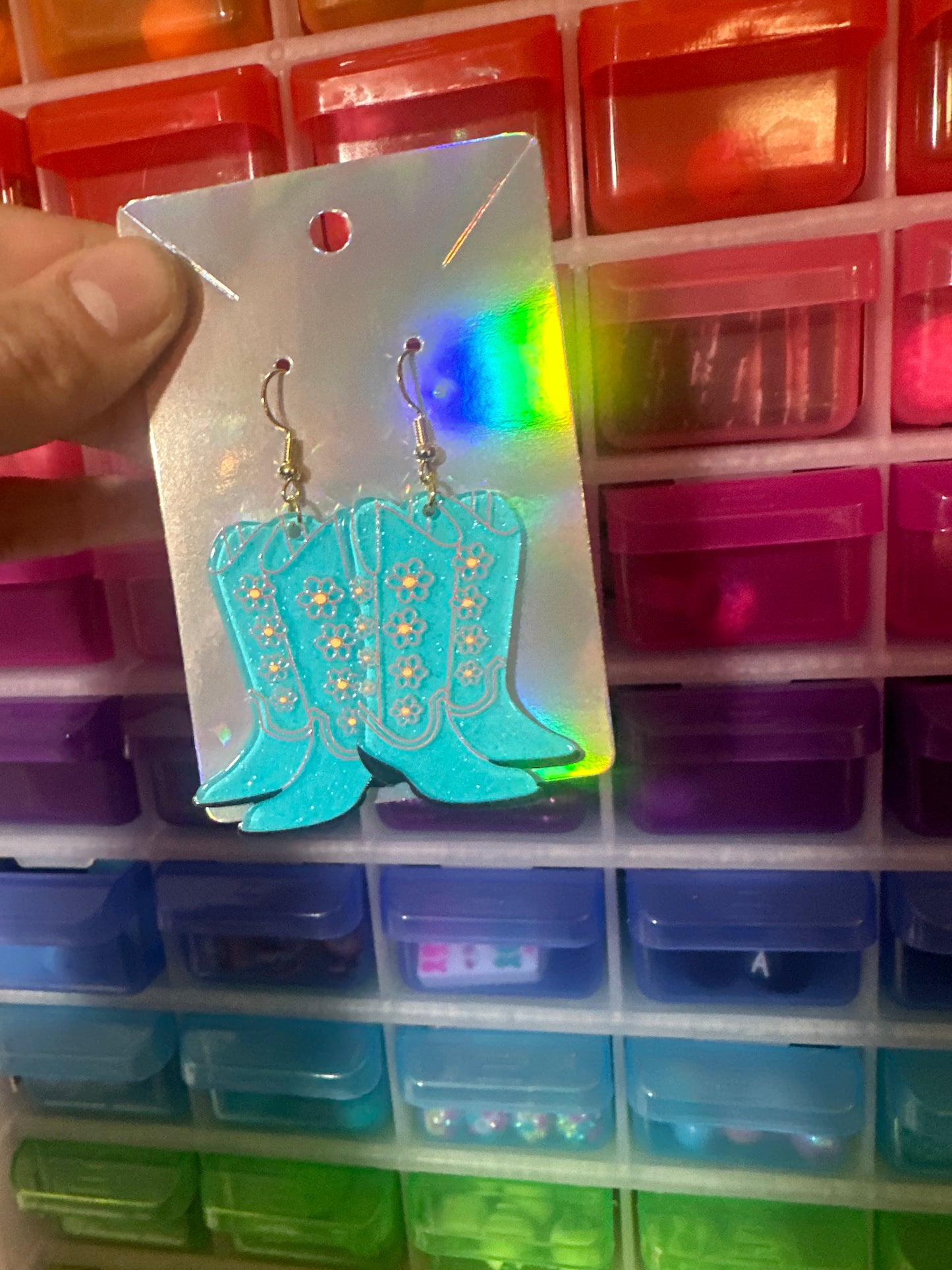 Blue glitter boot earrings