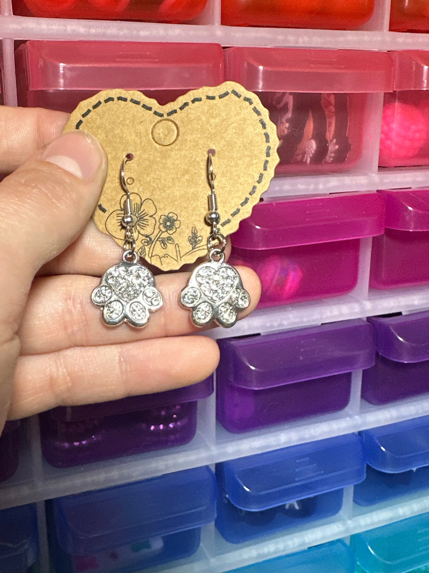 Rhinestone paw small dangle earrings