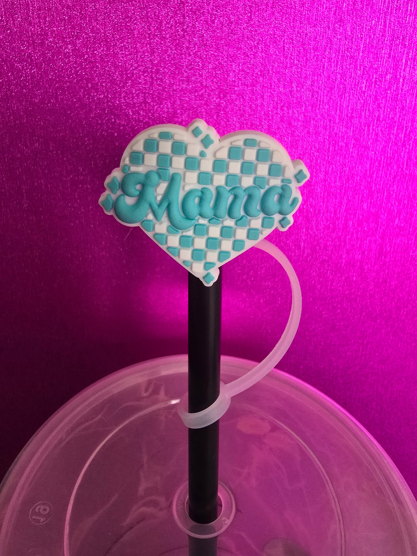 Checkered Heart Mama Straw Topper, Teal Blue