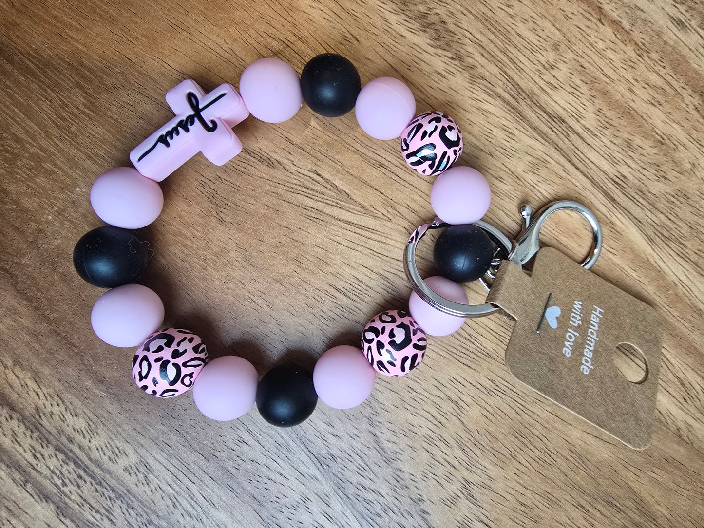 Jesus & Leopard Wristlet Keychain, Pink & Black Silicone