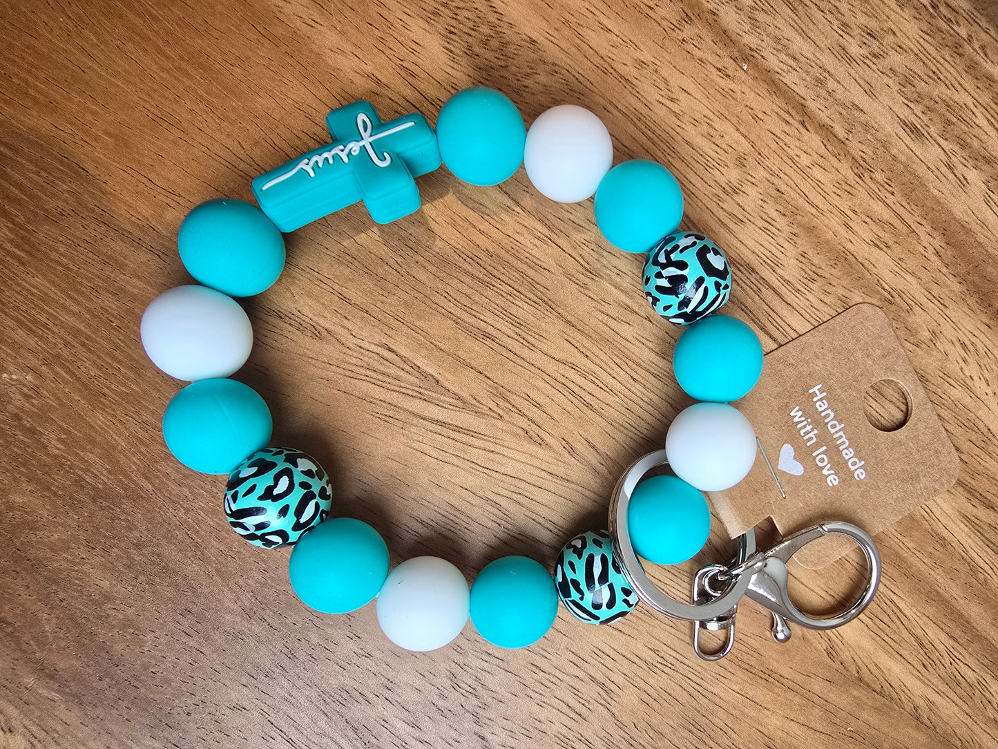 Jesus & Leopard Wristlet Keychain, Aqua & White Silicone