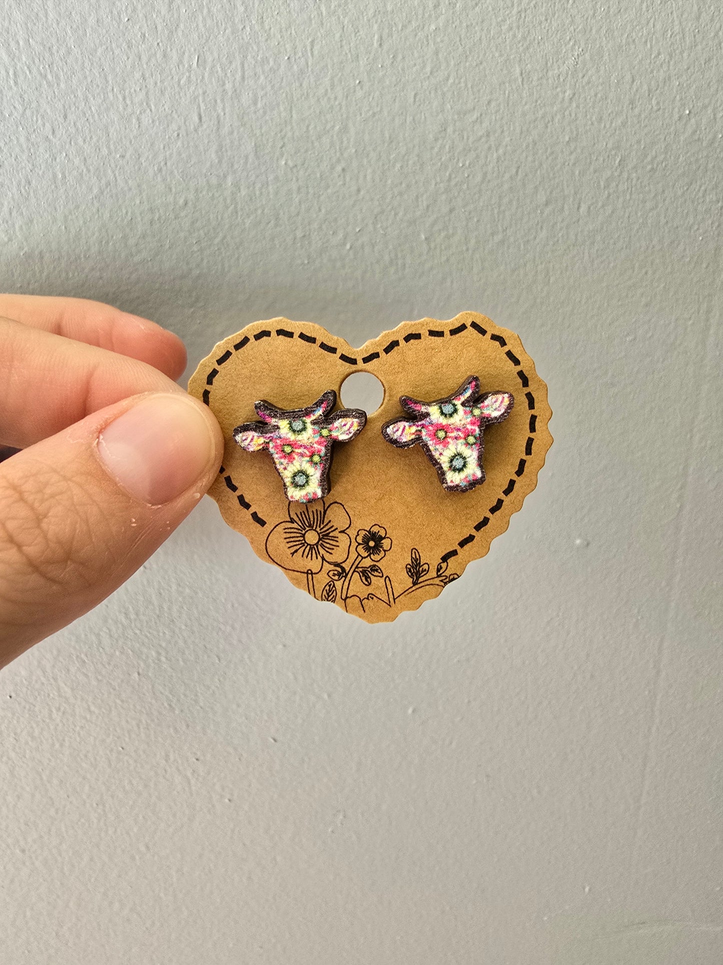 Aztec Cowhead Wood Stud Earrings, Pink