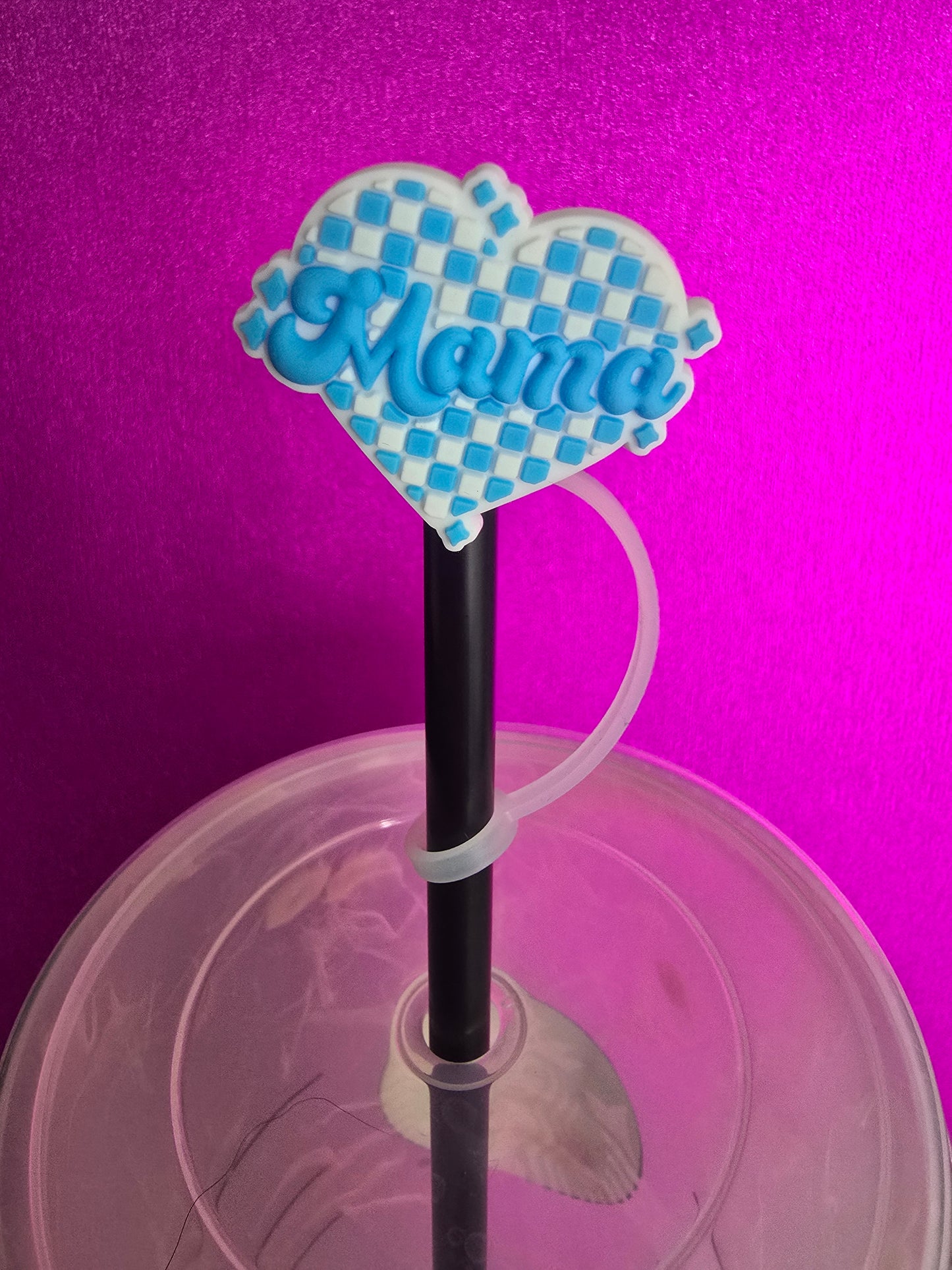 Checkered Heart Mama Straw Topper, Mid Blue