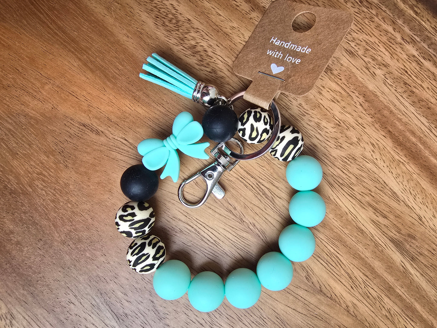 Bows & Leopard Wristlet Keychain, Teal & Black Silicone