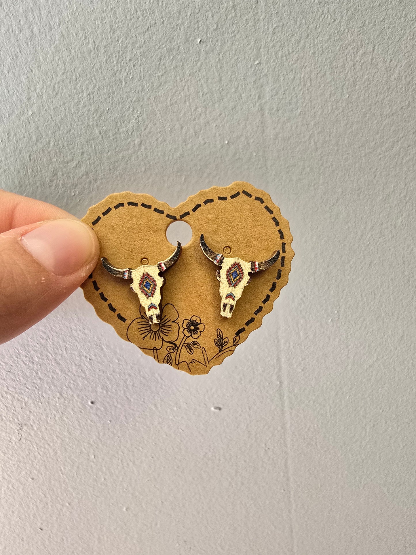 Aztec Steerhead Wood Stud Earrings