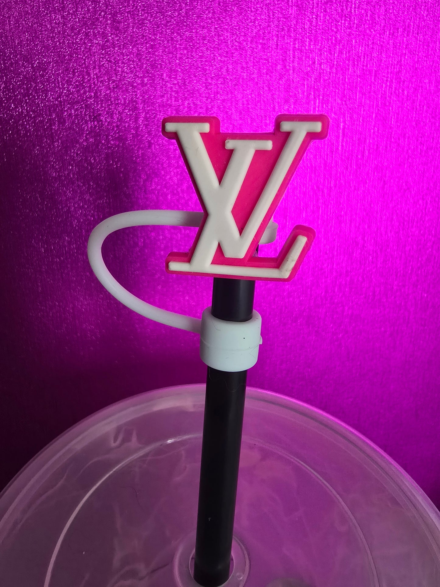 Luxury Louie Logo Straw Topper, Pink & White