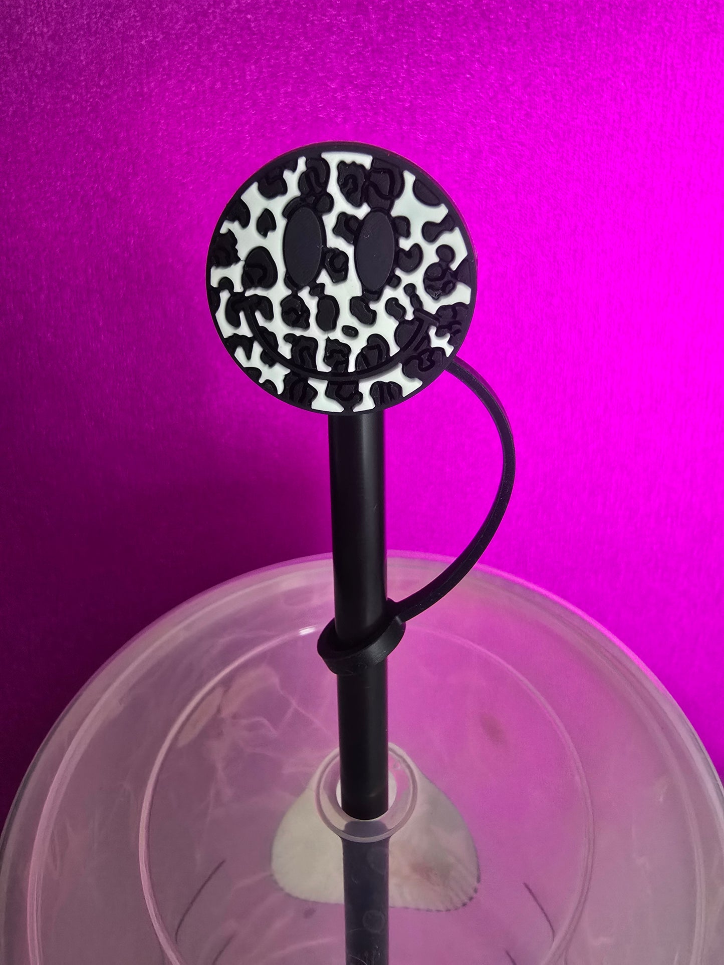 Smiley Face Straw Topper, Black Cowprint