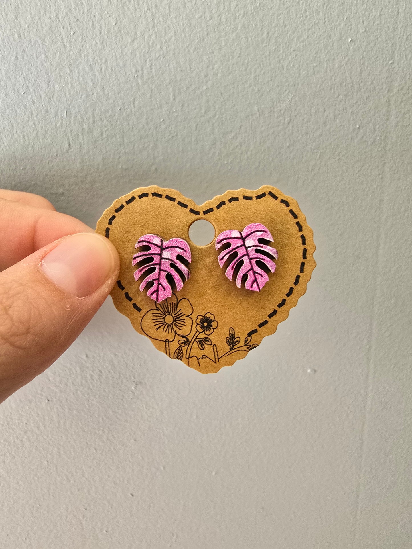 Pink Monstera Leaf Wood Stud Earrings
