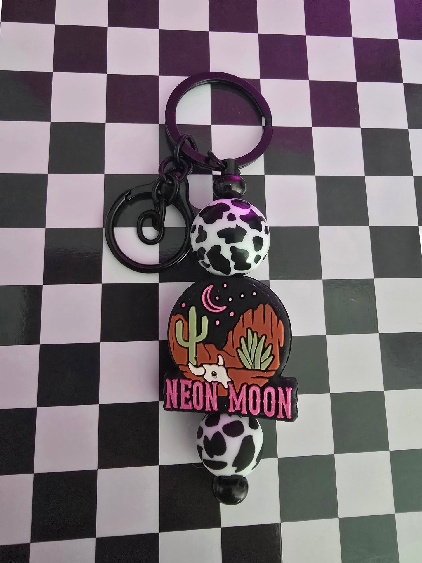 Neon Moon Beaded Keychain, Cow
