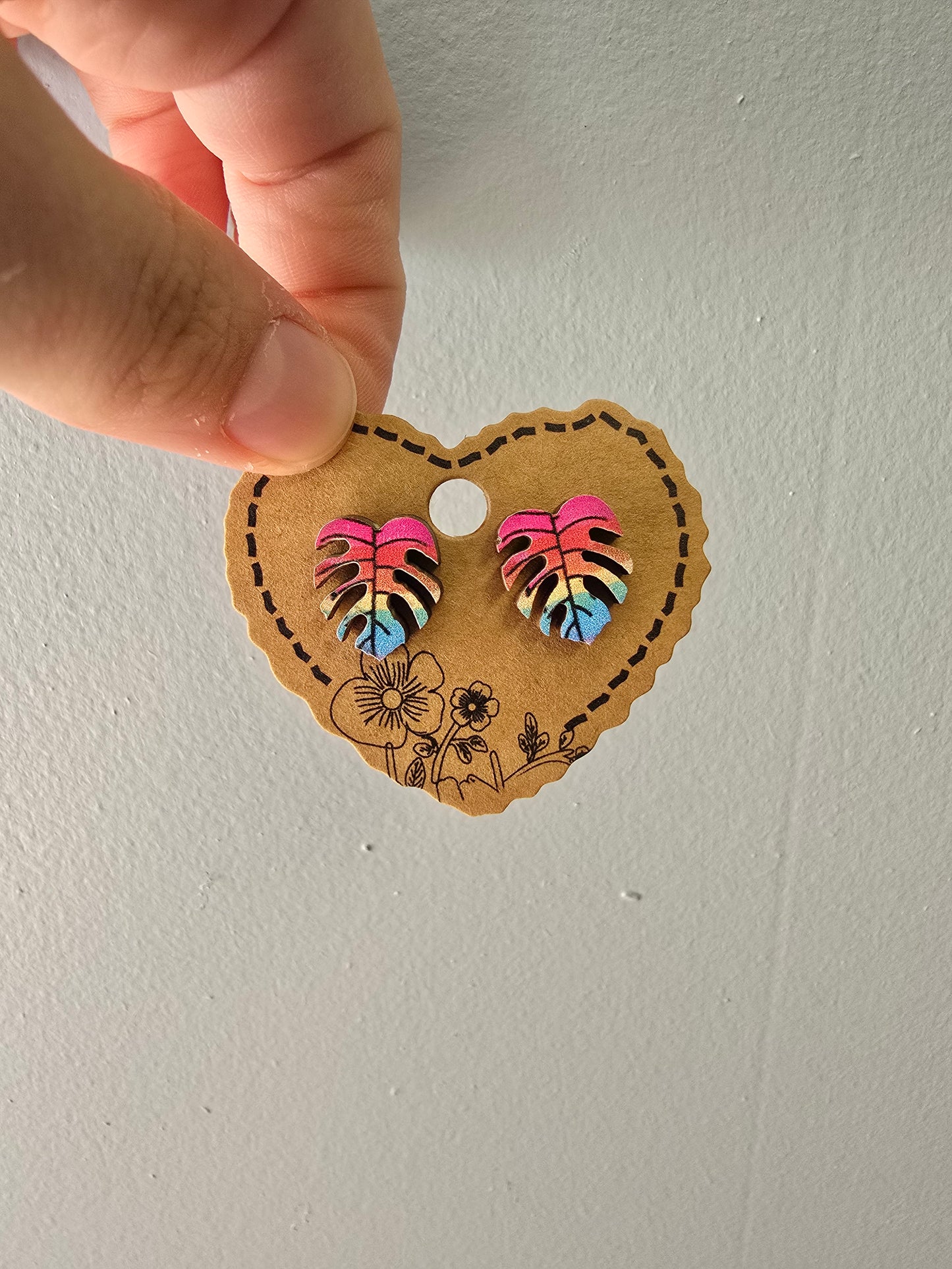 Rainbow Monstera Leaf Stud Earrings