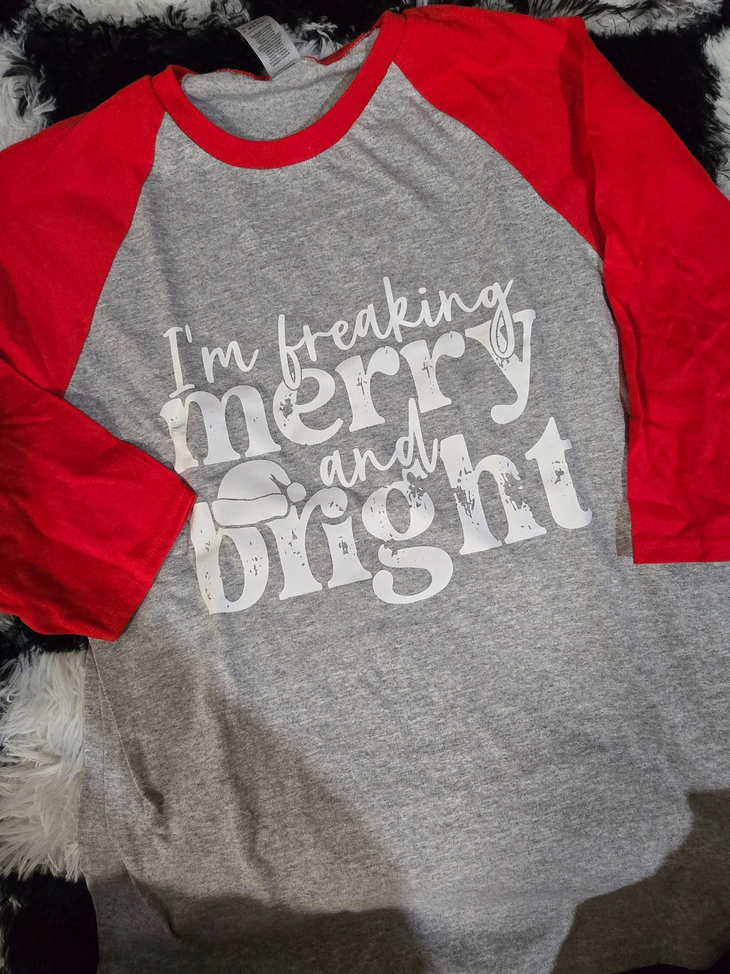 Merry & Bright Raglan Tee, Red & Gray