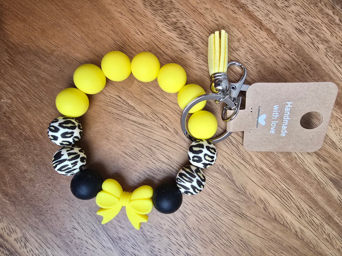 Bows & Leopard Wristlet Keychain, Yellow & Black Silicone