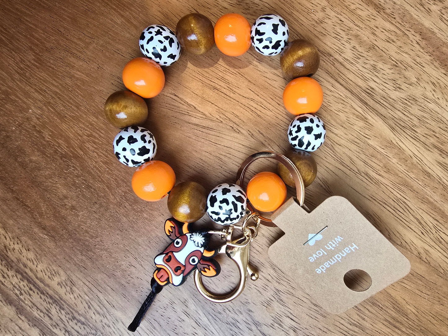 Moo Cow Wristlet Keychain, Orange Wood