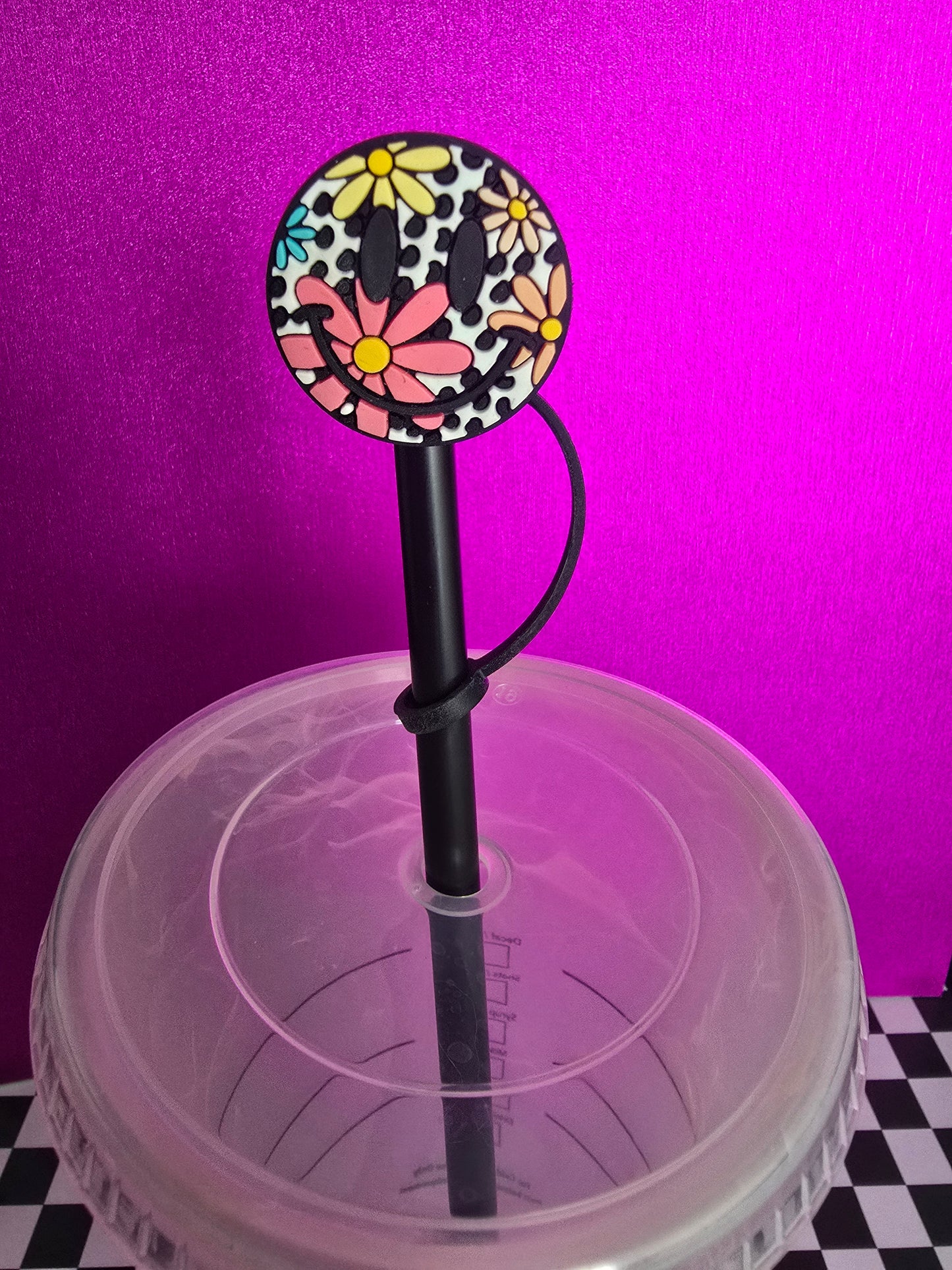 Smiley Face Straw Topper, Cow Floral