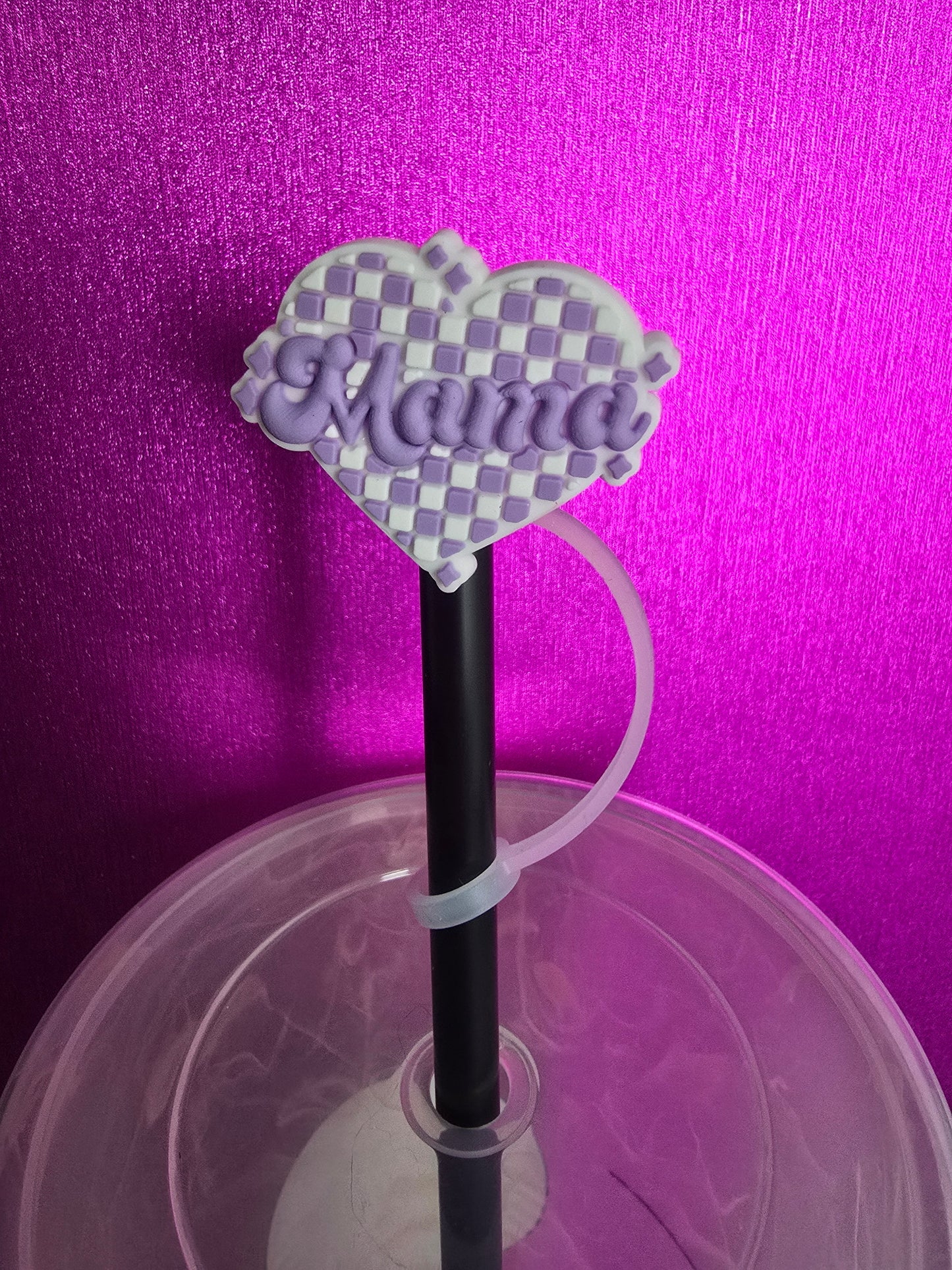 Checkered Heart Mama Straw Topper, Purple