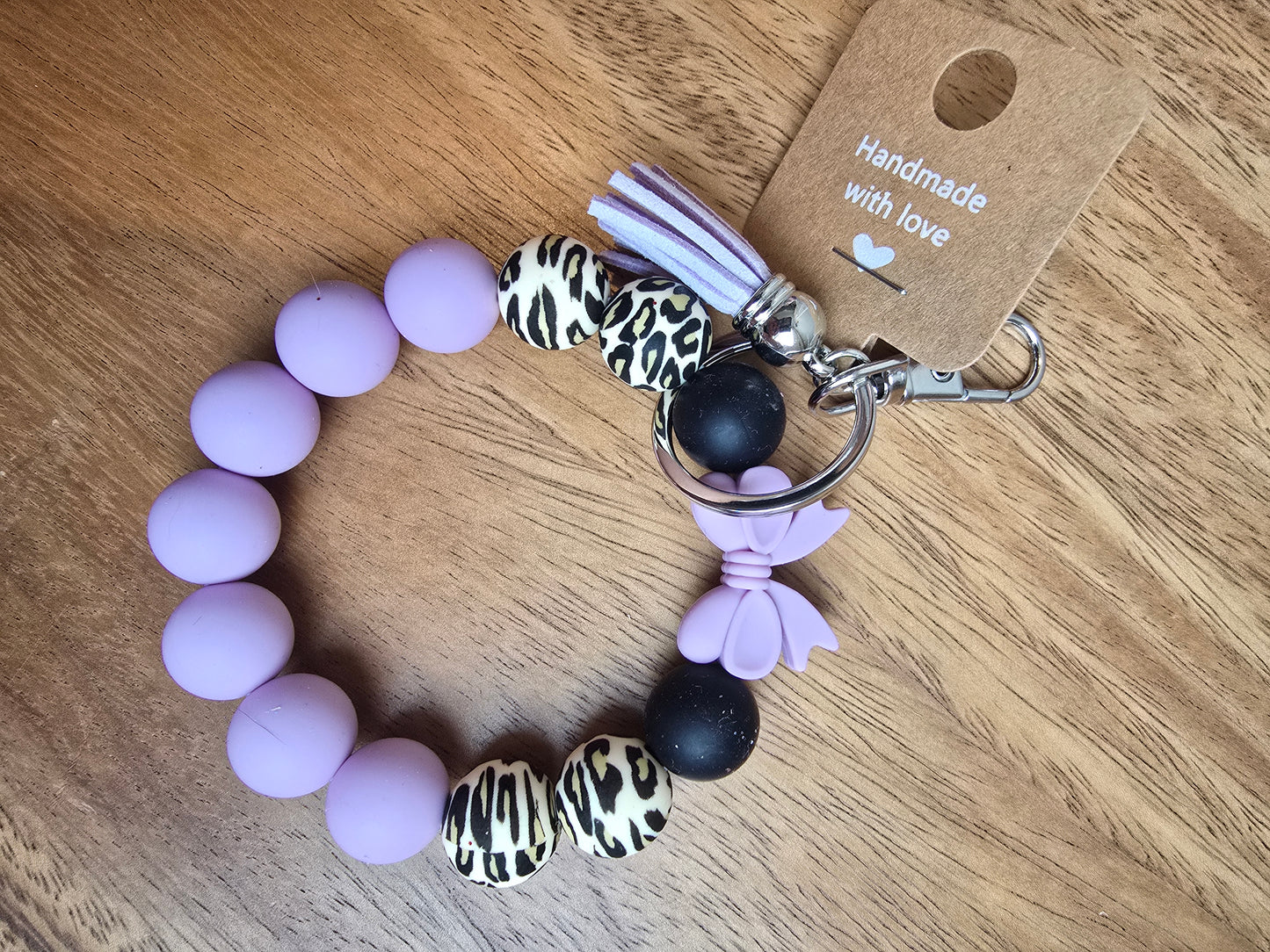 Bows & Leopard Wristlet Keychain, Purple & Black Silicone