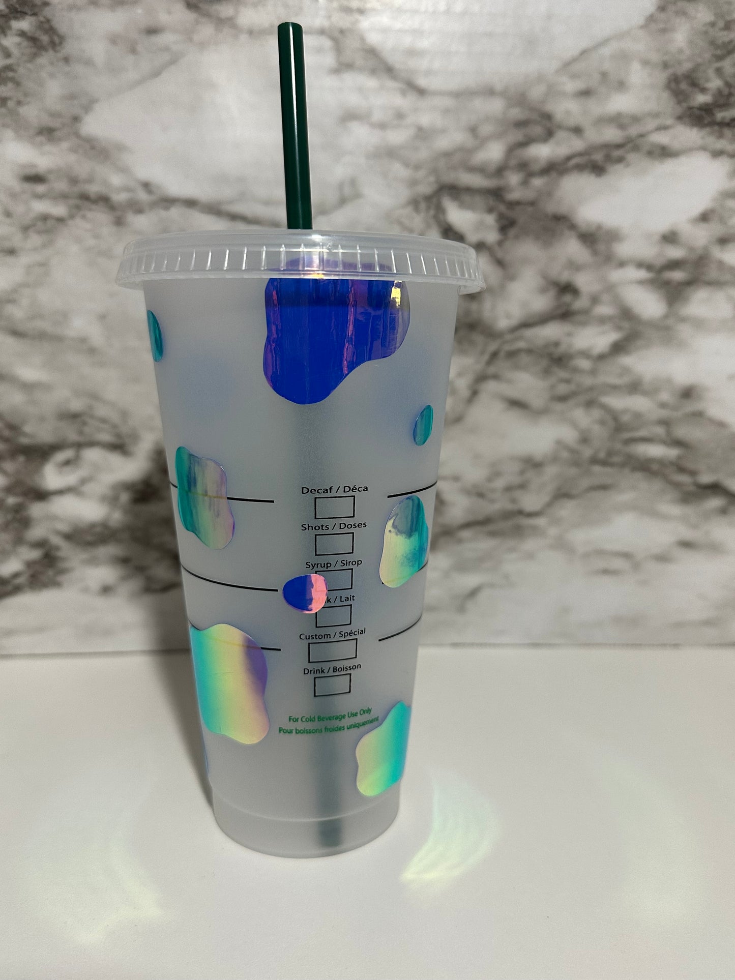 Cow Pattern Cup w Straw, Iridescent