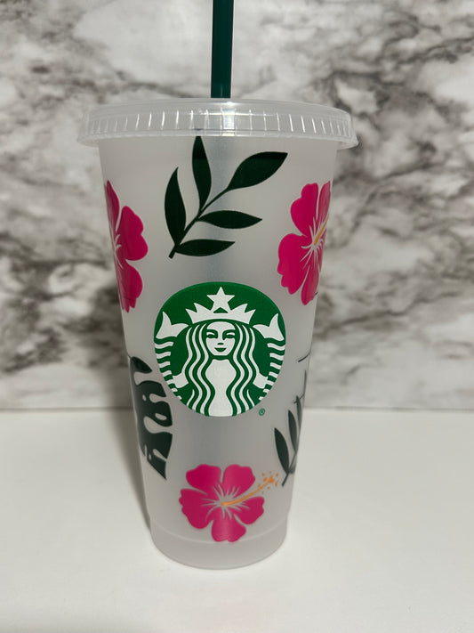 Hibiscus Floral Cup w Straw, Pink