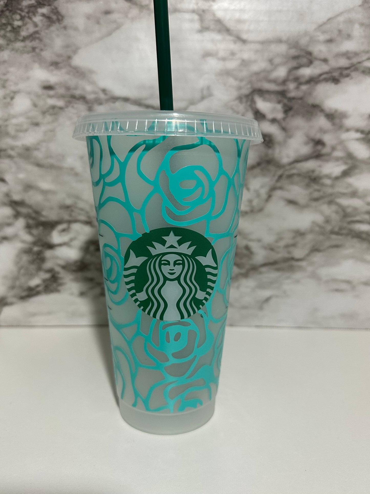 Floral Deco Cup w Straw, Teal