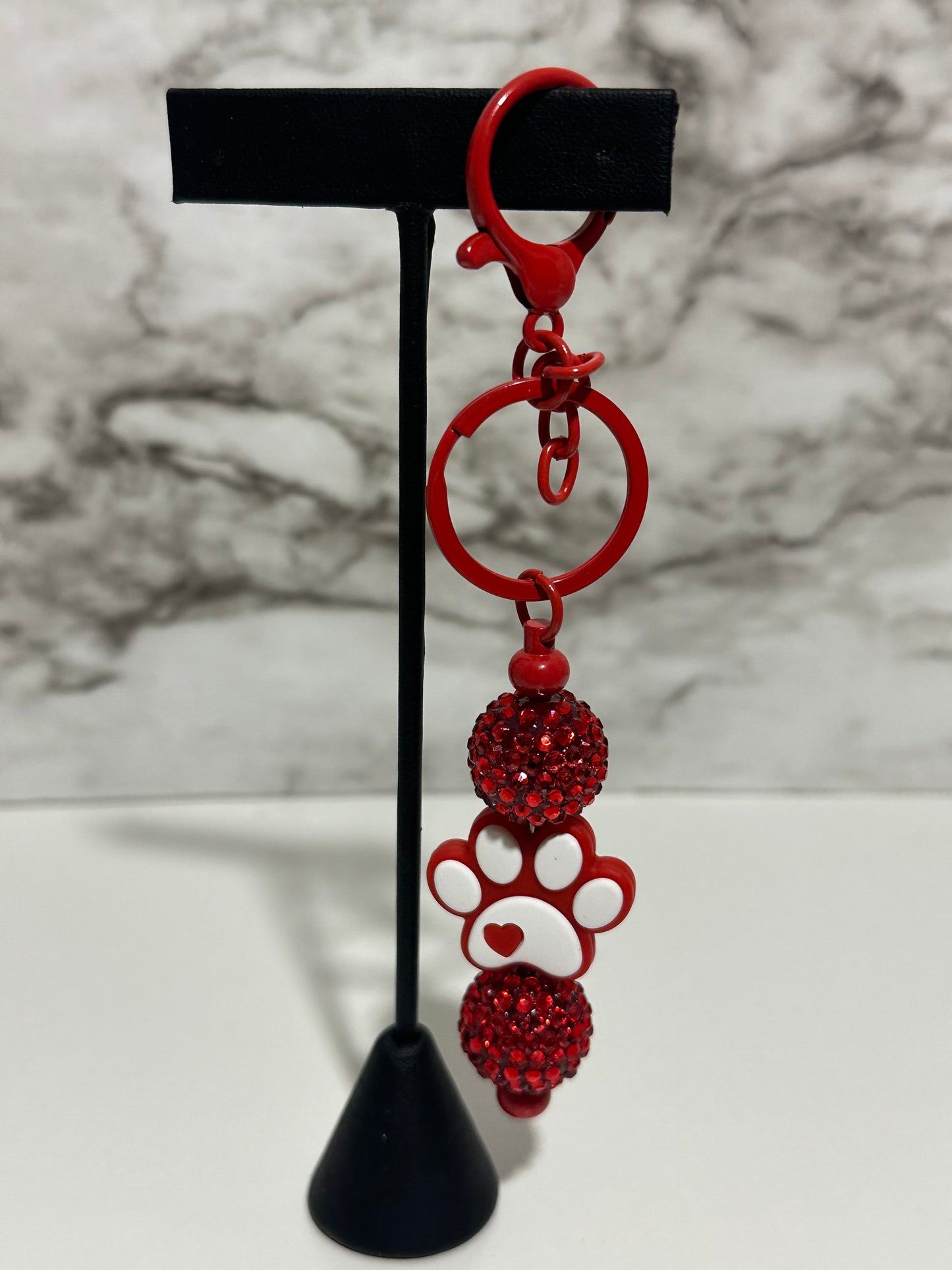 Bedazzled Paw Print Keychain, Red
