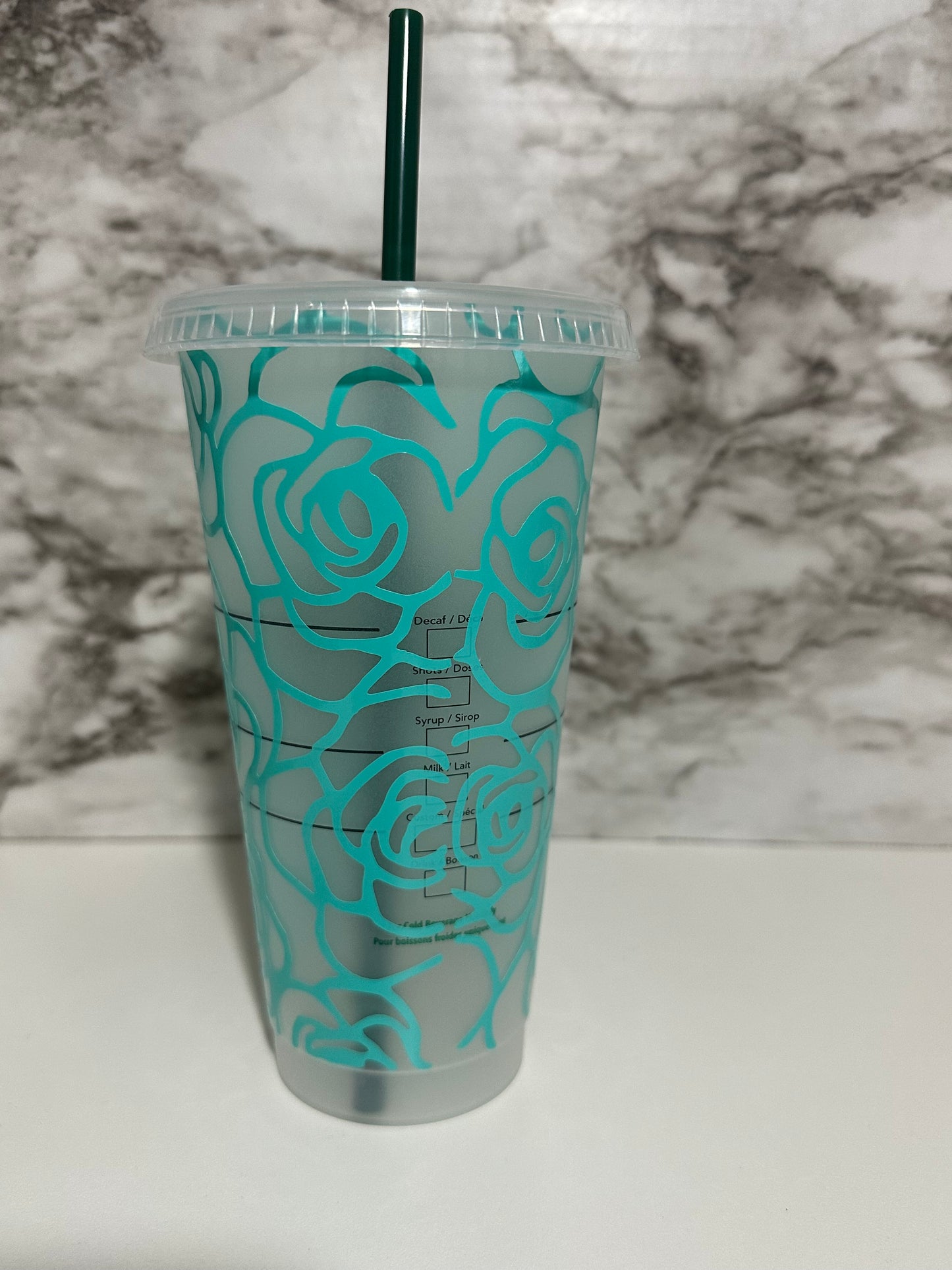 Floral Deco Cup w Straw, Teal