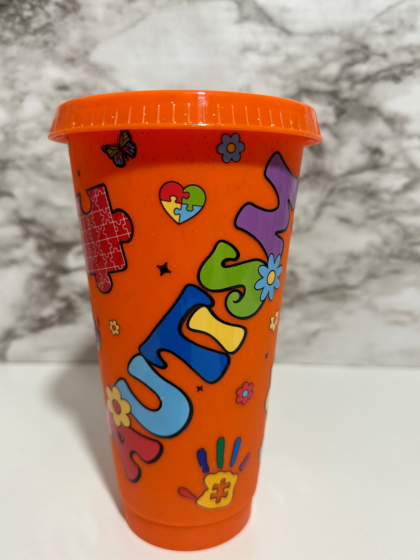 Autism Love, Orange Cup w Straw