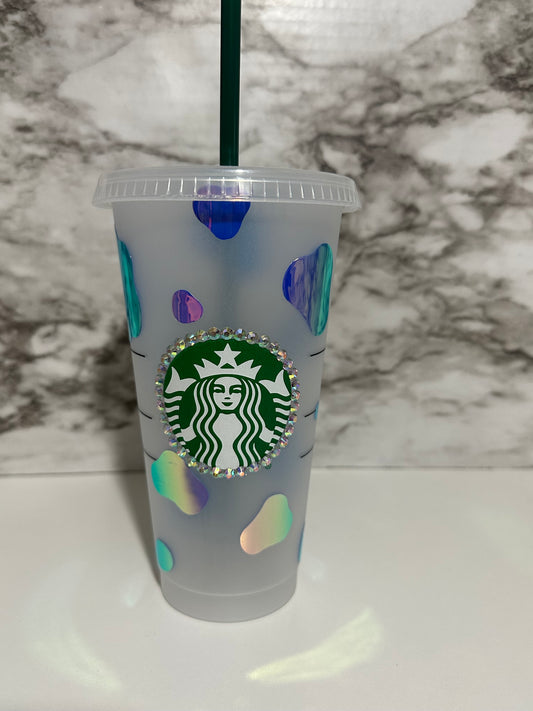 Cow Pattern Cup w Straw, Iridescent