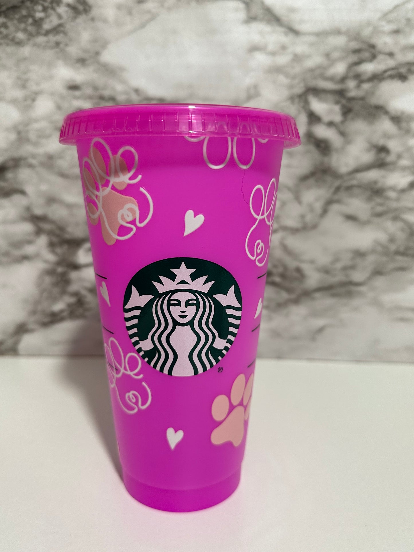 Paw Print Cup w Straw, Pink