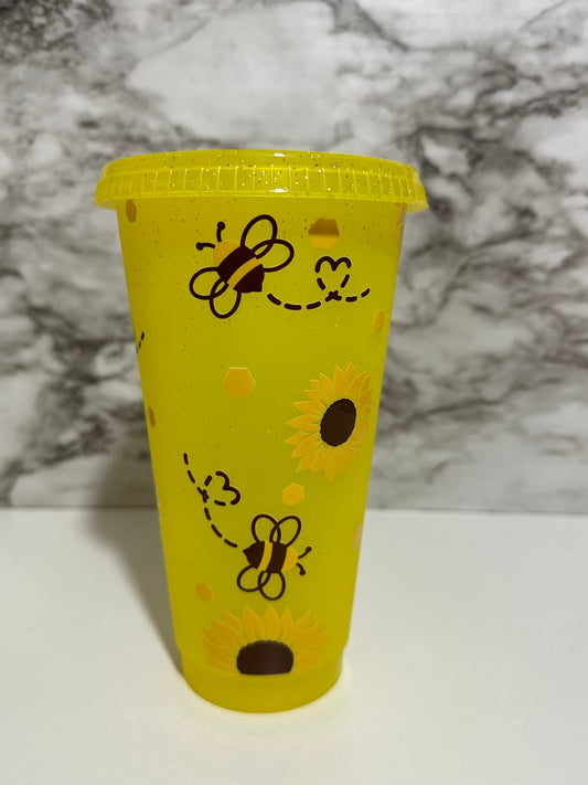 Sunflower and Bees Cup w Straw
