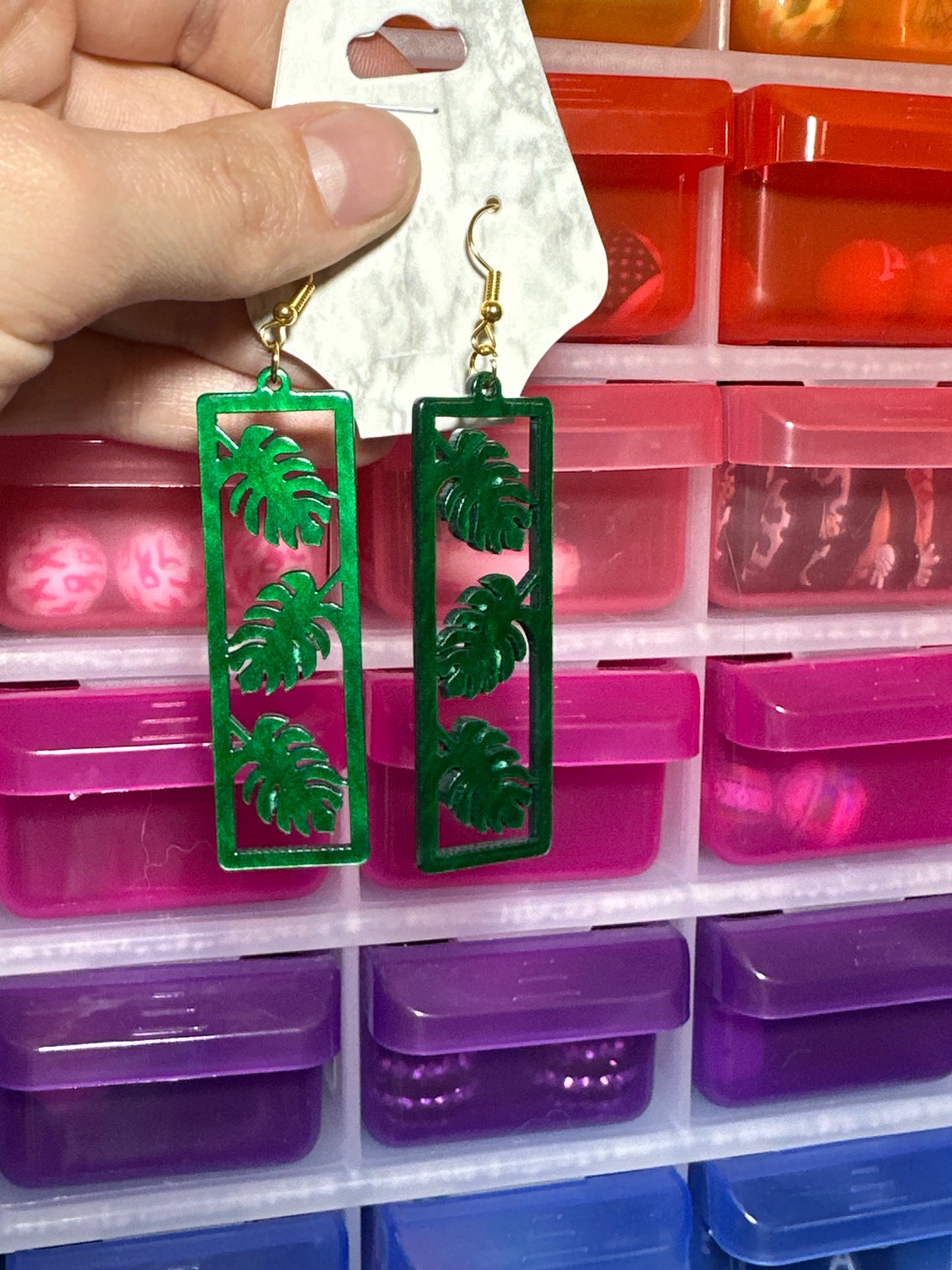 Green monstera leaf earrings
