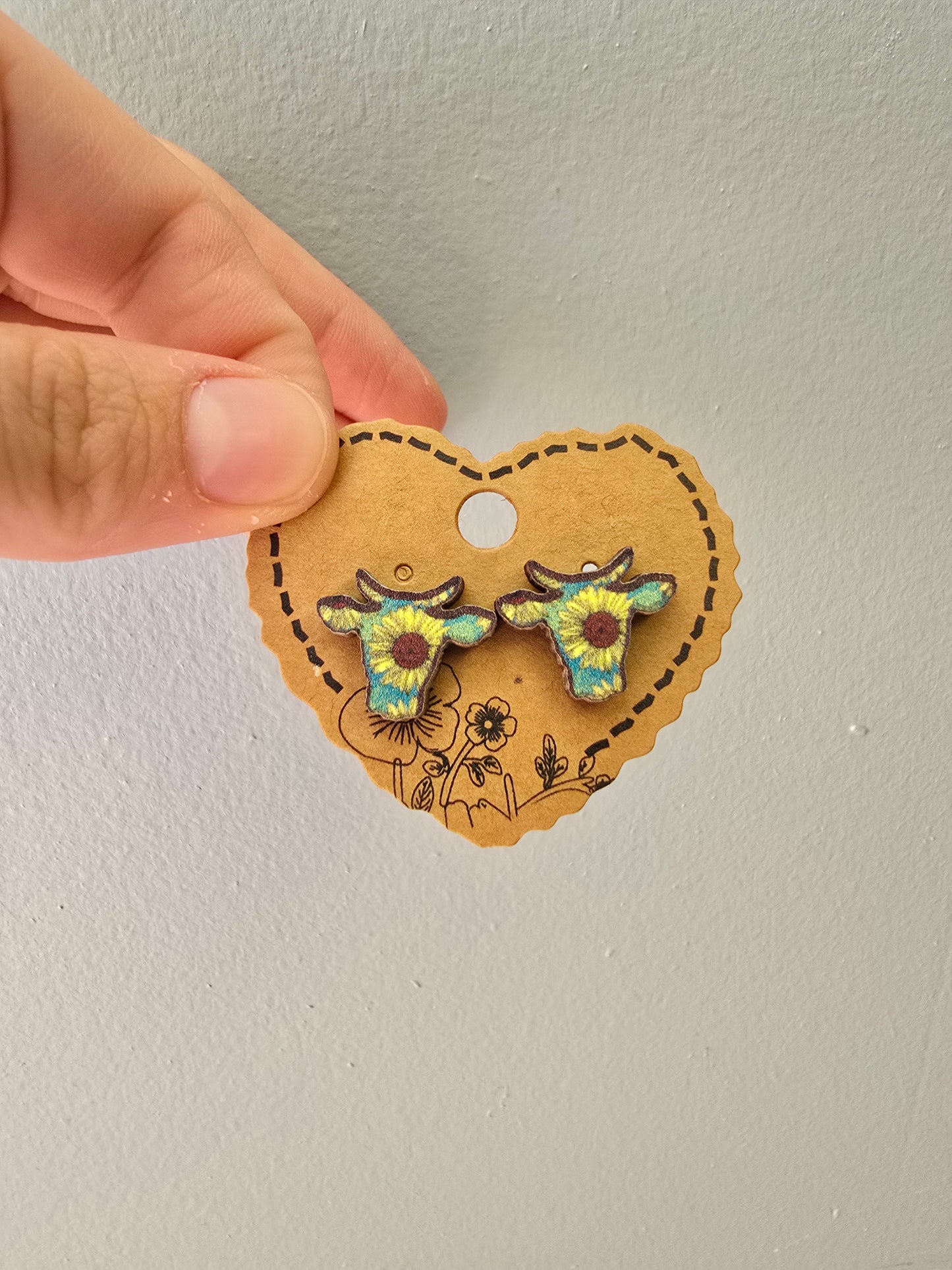 Sunflower Cowhead Wood Stud Earrings