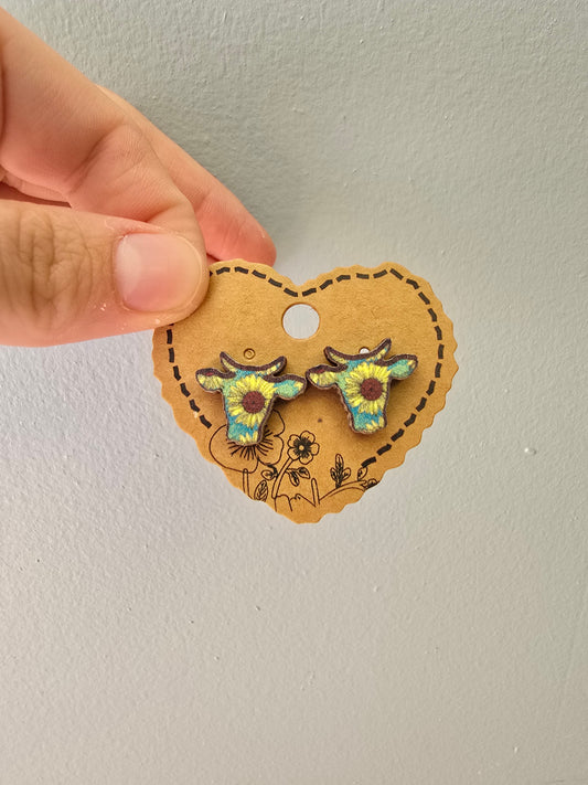 Sunflower Cowhead Wood Stud Earrings