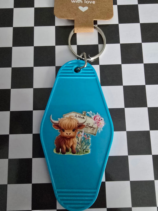 Highland Cow Motel Keychain, Blue