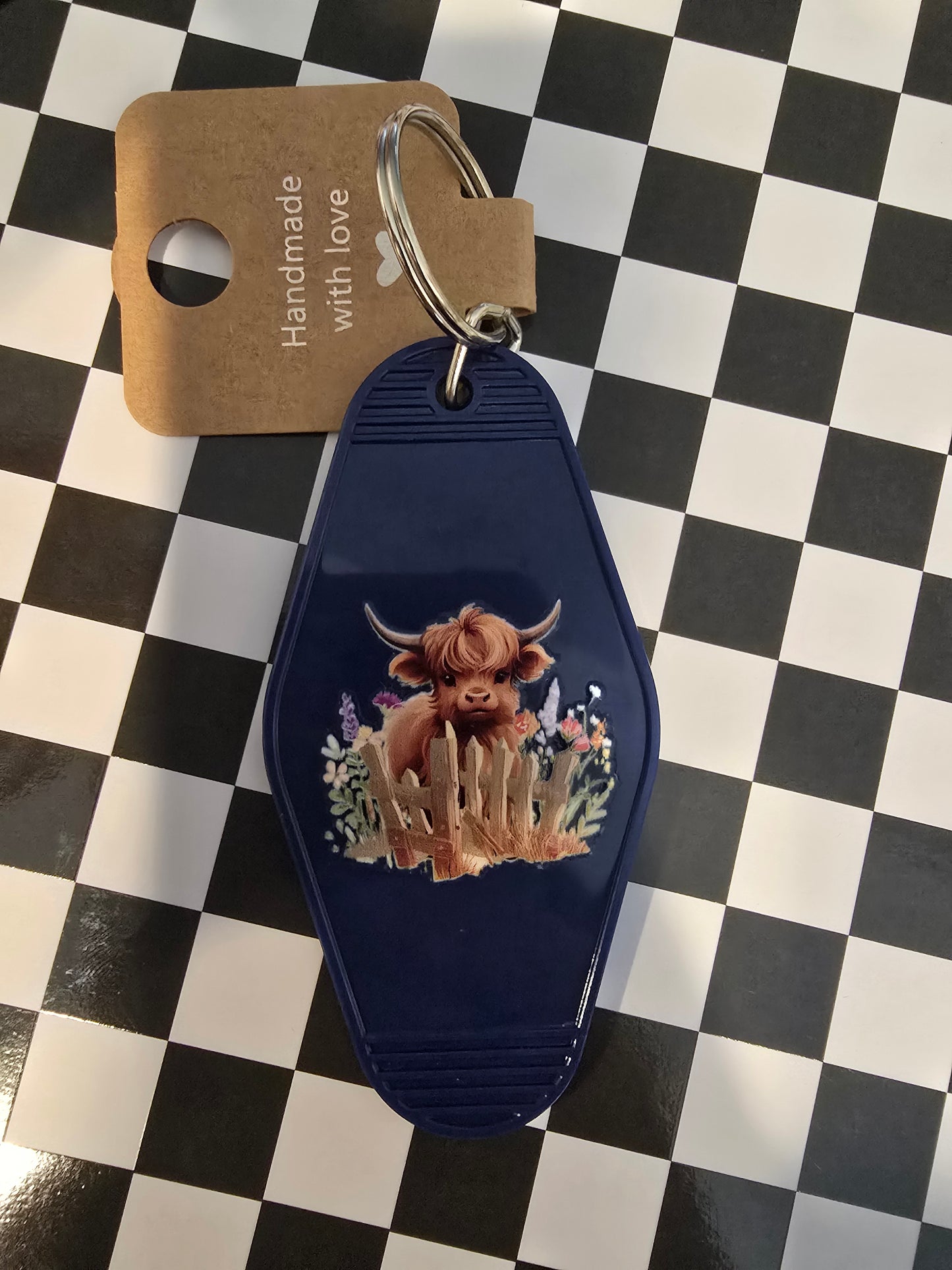 Floral Highland Motel Keychain, Dark Blue