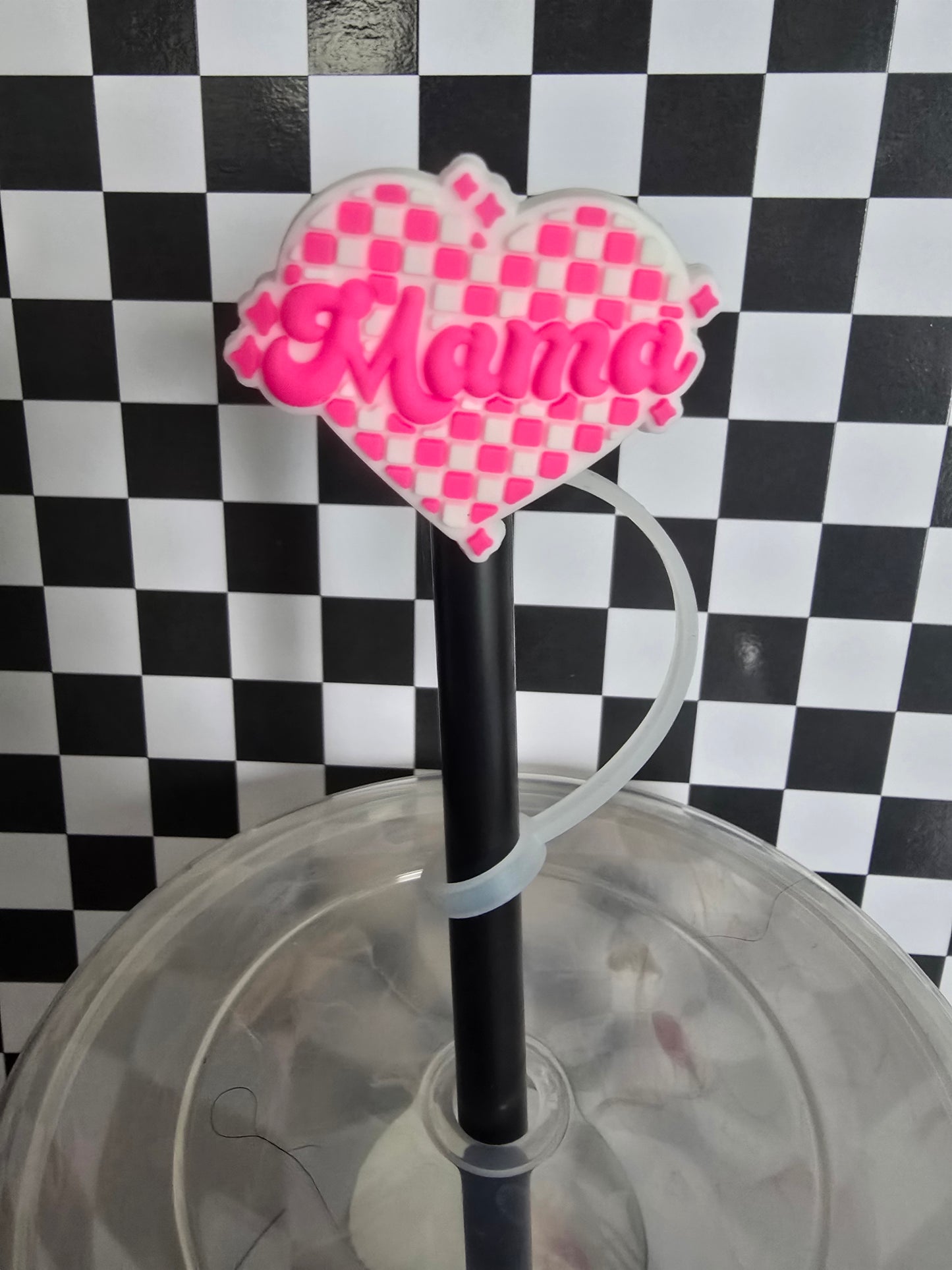 Checkered Heart Mama Straw Topper, Hot Pink