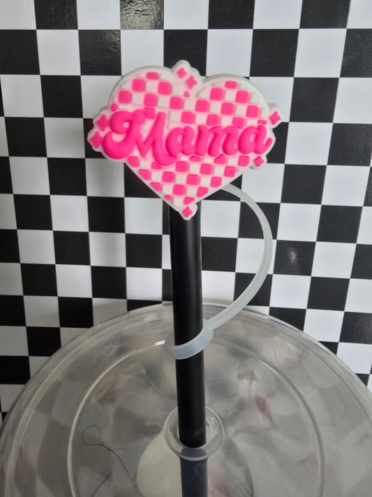 Checkered Heart Mama Straw Topper, Hot Pink