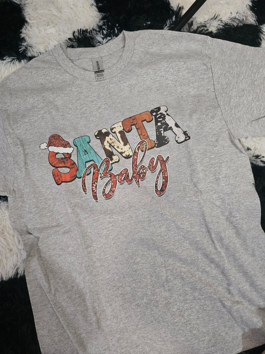 Western Santa Baby Tee, Light Gray
