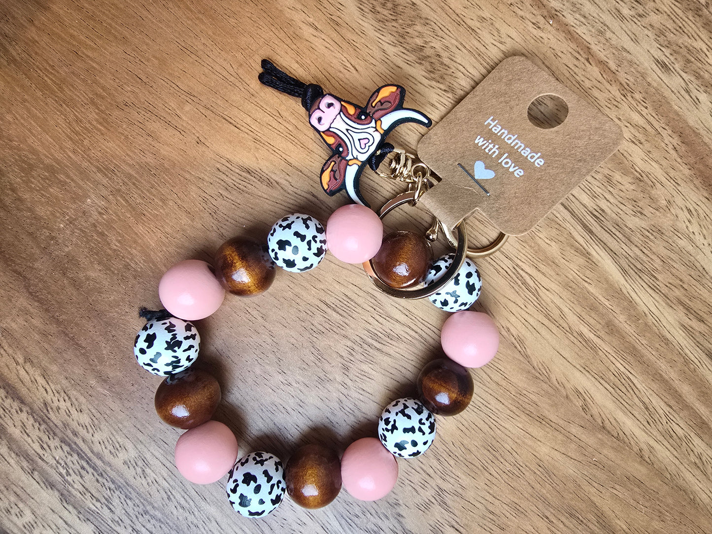 Moo Cow Keychain Wristlet, Pink Wood