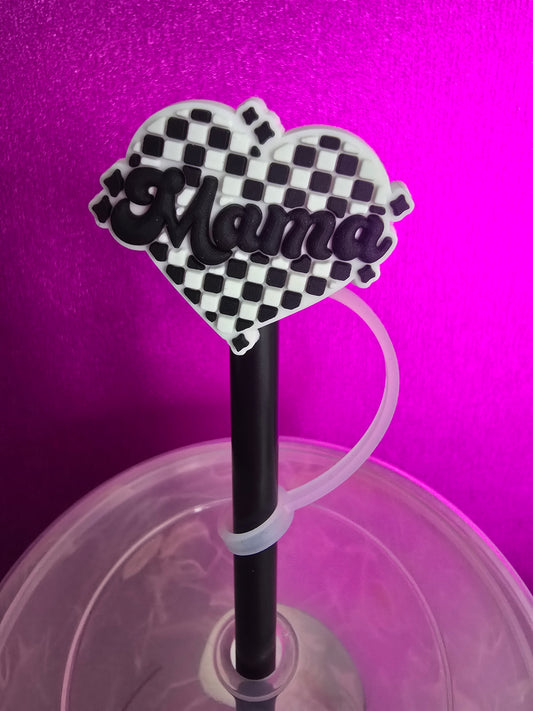 Checkered Heart Mama Straw Topper, Black