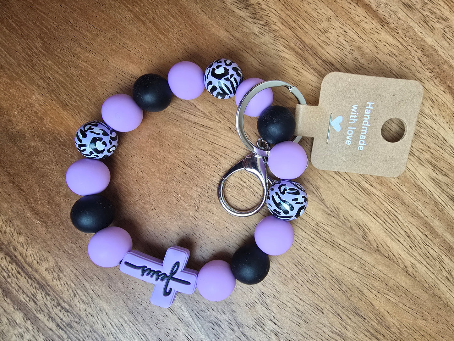 Jesus & Leopard Wristlet Keychain, Purple and Black Silicone