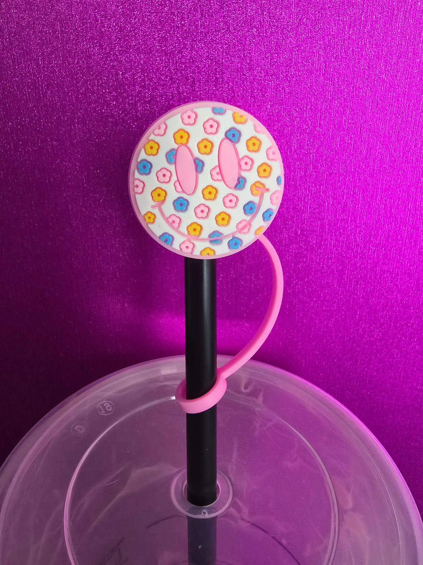 Smiley Face Straw Topper, Pink Floral