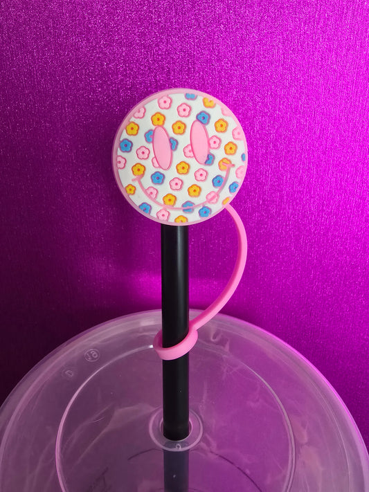 Smiley Face Straw Topper, Pink Floral