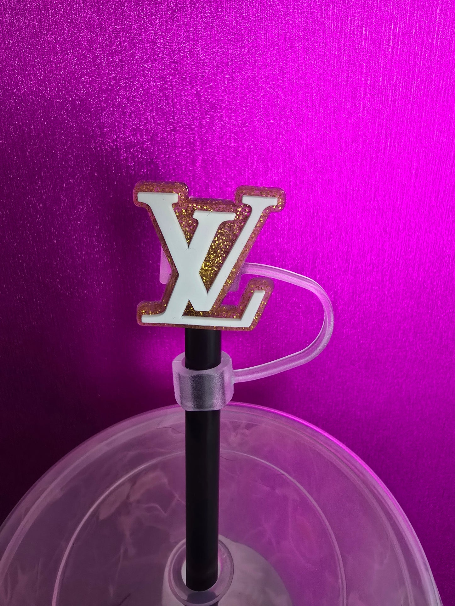 Luxury Louie Logo Straw Topper, Gold & White