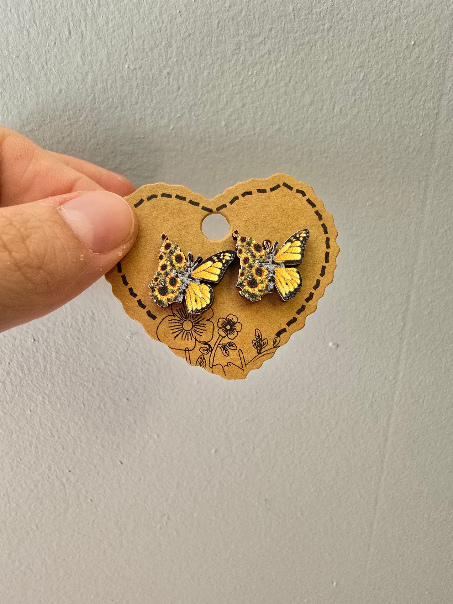 Sunflower Butterfly Wood Stud Earrings