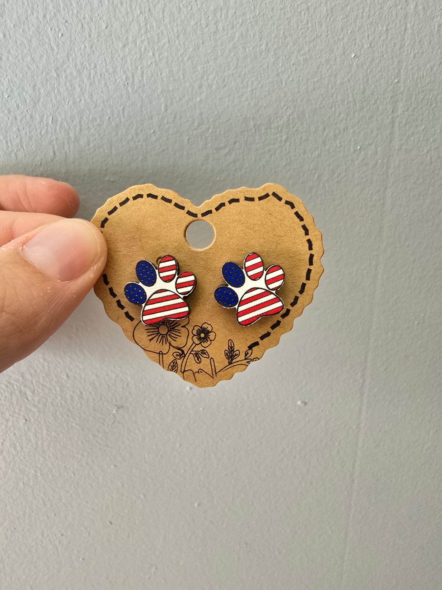 American Paw Print Wood Stud Earrings