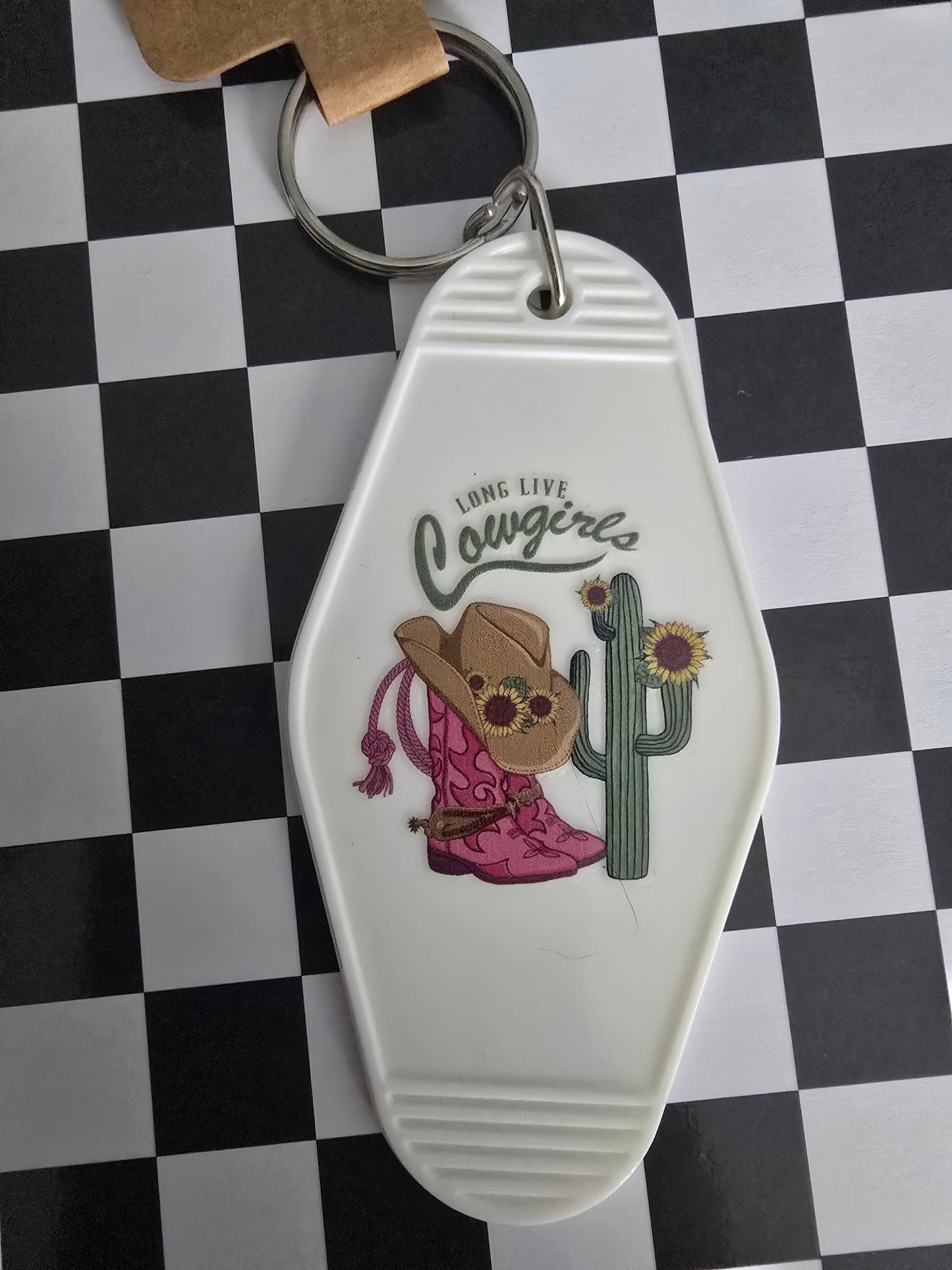 Long Live Cowgirls Motel Keychain, White