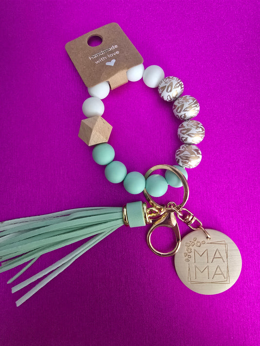 Leopard Mama Keychain Wristlet, Silicone Mint