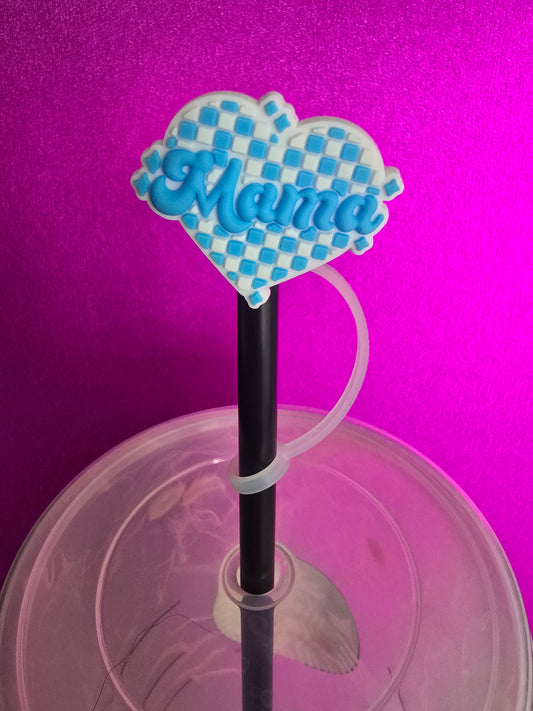 Checkered Heart Mama Straw Topper, Mid Blue